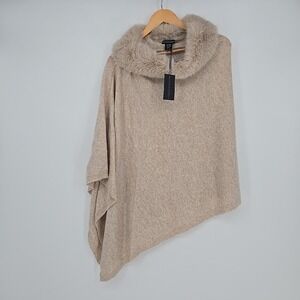 NWT $495 Sofia Cashmere Faux Fox Fur Asymmetrical Poncho OS Wool/Cashmere Beige